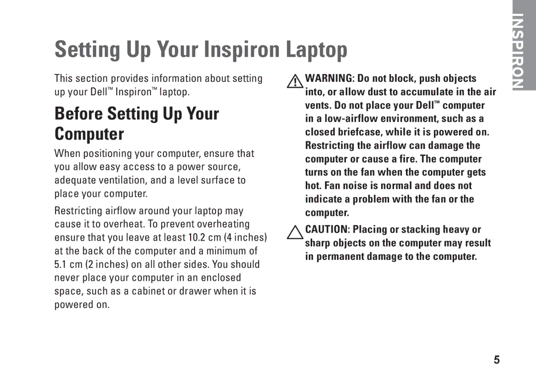 Dell P11G001, N4010, 02T7WRA02 setup guide Setting Up Your Inspiron Laptop, Before Setting Up Your Computer 