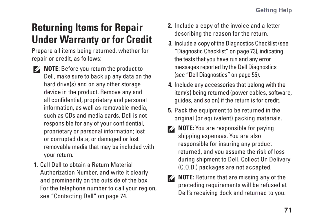 Dell N4010, P11G001, 02T7WRA02 setup guide Returning Items for Repair Under Warranty or for Credit 