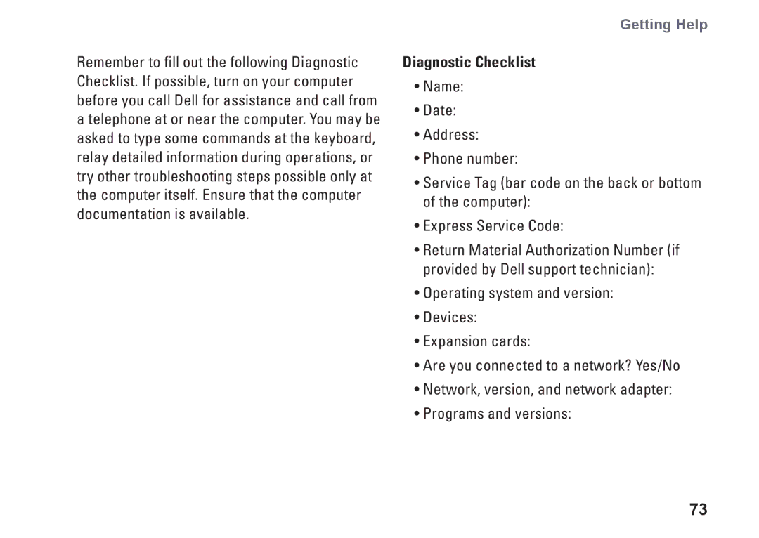 Dell N4010, P11G001, 02T7WRA02 setup guide Diagnostic Checklist 