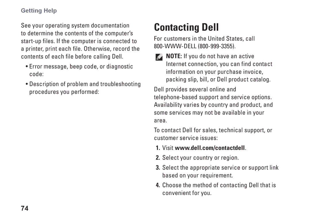 Dell N4010, P11G001, 02T7WRA02 setup guide Contacting Dell 