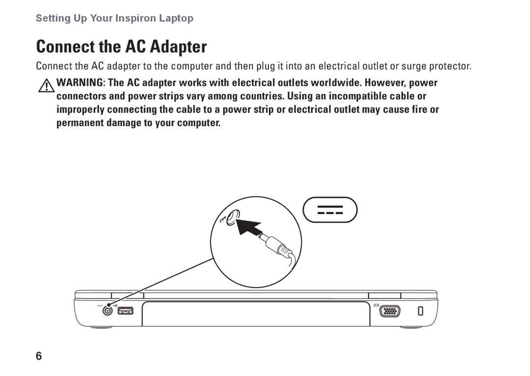 Dell N4010, P11G001, 02T7WRA02 setup guide Connect the AC Adapter 