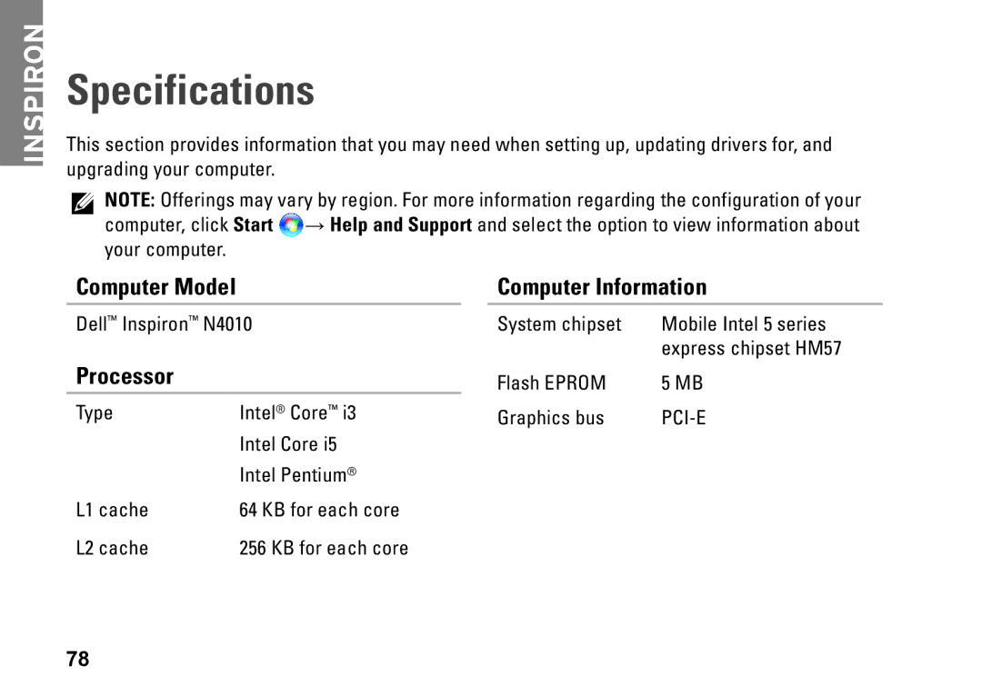 Dell N4010, P11G001, 02T7WRA02 setup guide Specifications, Computer Model, Processor, Computer Information 