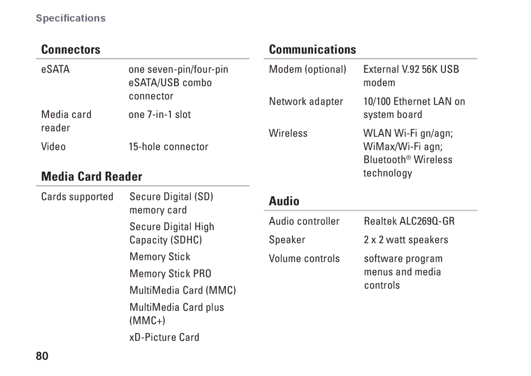 Dell P11G001, N4010, 02T7WRA02 setup guide Media Card Reader, Communications, Audio 