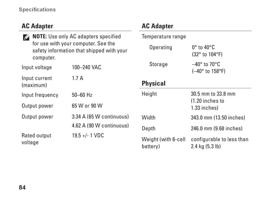 Dell N4010, P11G001, 02T7WRA02 setup guide AC Adapter, Physical 