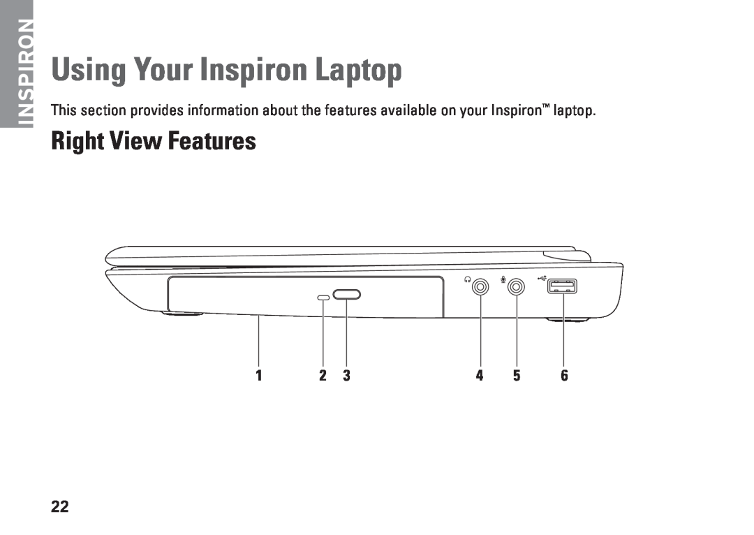 Dell 02T7WRA02, N4010, P11G001 setup guide Using Your Inspiron Laptop, Right View Features 