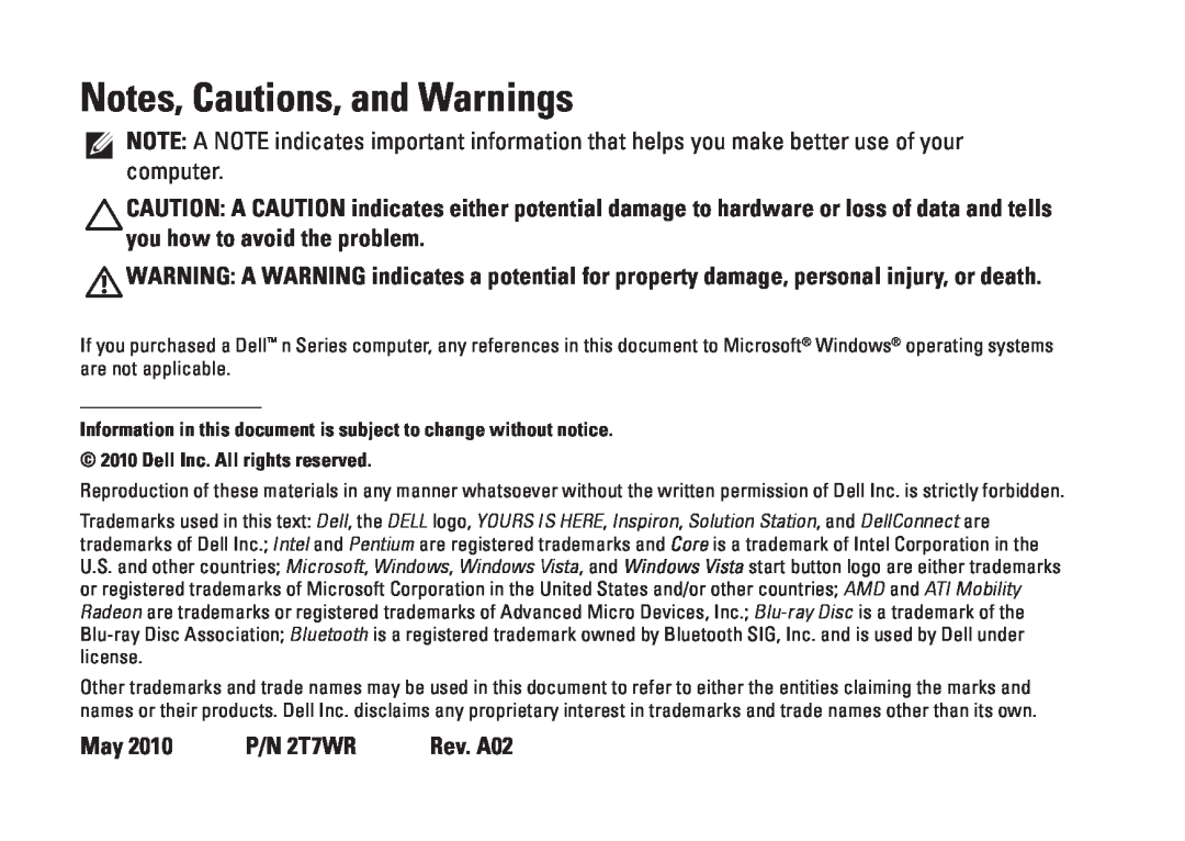 Dell 02T7WRA02, N4010, P11G001 setup guide Notes, Cautions, and Warnings 
