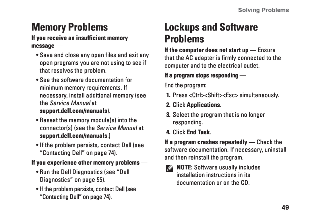 Dell N4010, P11G001, 02T7WRA02 setup guide Memory Problems, Lockups and Software Problems, Solving Problems 