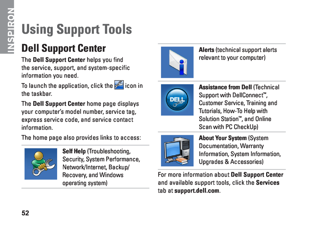 Dell 02T7WRA02, N4010, P11G001 setup guide Using Support Tools, Dell Support Center, Inspiron 
