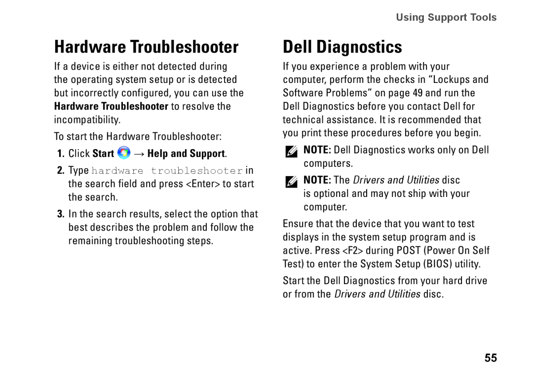 Dell P11G001, 2T7WR, N4010 Hardware Troubleshooter, Dell Diagnostics, Click Start → Help and Support, Using Support Tools 