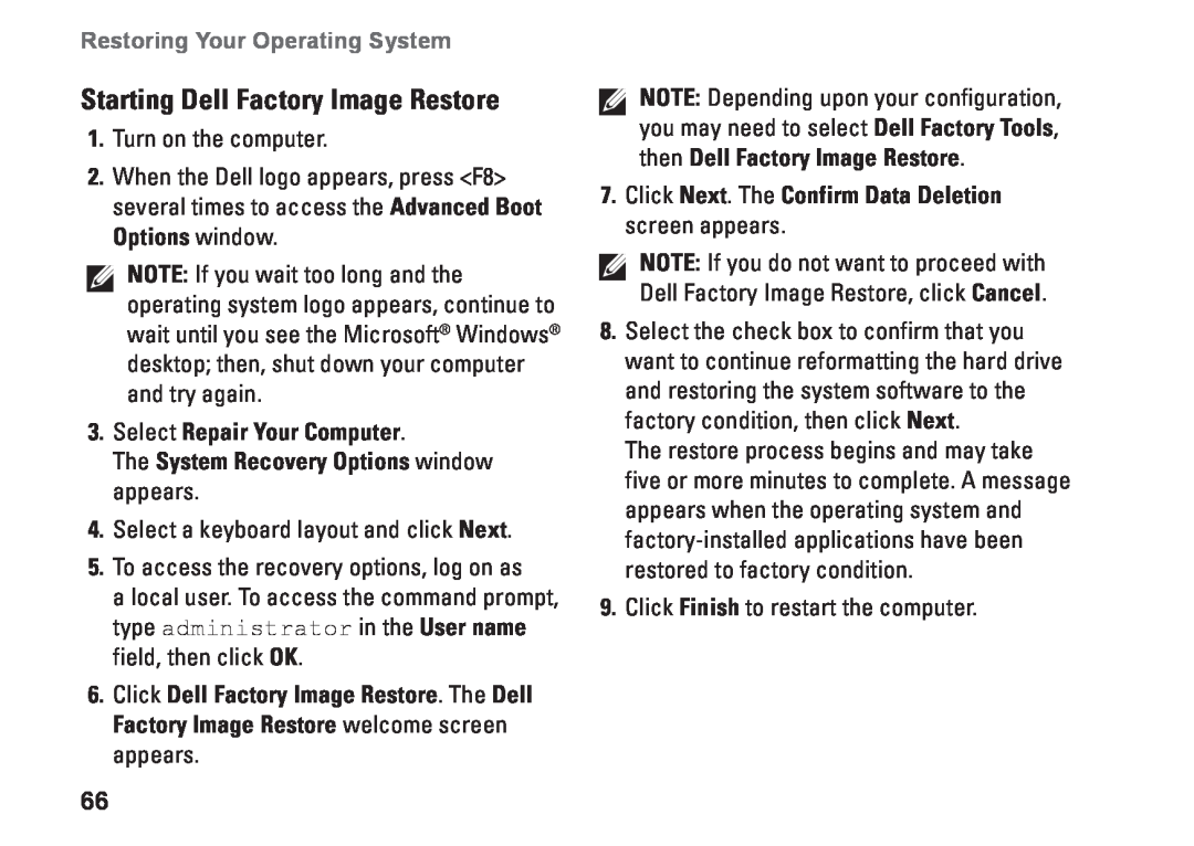 Dell P11G, 2T7WR, N4010 Starting Dell Factory Image Restore, Restoring Your Operating System, Select Repair Your Computer 
