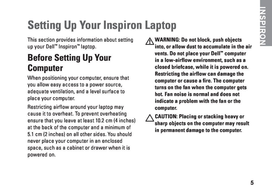 Dell P11G001, N4010, 02T7WRA02 setup guide Setting Up Your Inspiron Laptop, Before Setting Up Your Computer 