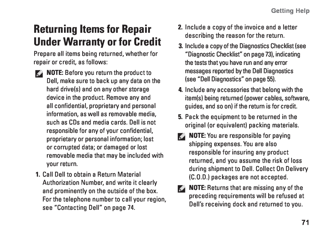 Dell N4010, P11G001, 02T7WRA02 setup guide Returning Items for Repair Under Warranty or for Credit, Getting Help 