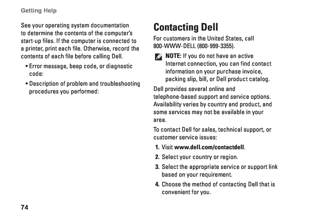 Dell N4010, P11G001, 02T7WRA02 setup guide Contacting Dell, Getting Help 