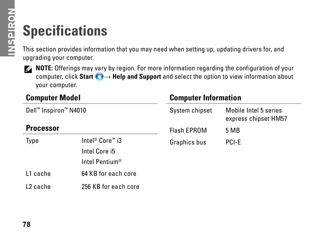 Dell N4010, P11G001, 02T7WRA02 setup guide Specifications, Computer Model, Processor, Computer Information, Inspiron 