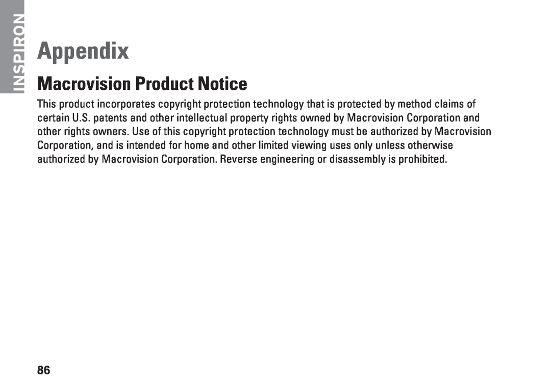 Dell N4010, P11G001, 02T7WRA02 setup guide Appendix, Macrovision Product Notice, Inspiron 