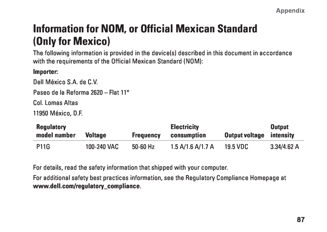 Dell 02T7WRA02, N4010, P11G001 setup guide Information for NOM, or Official Mexican Standard Only for Mexico, Appendix 