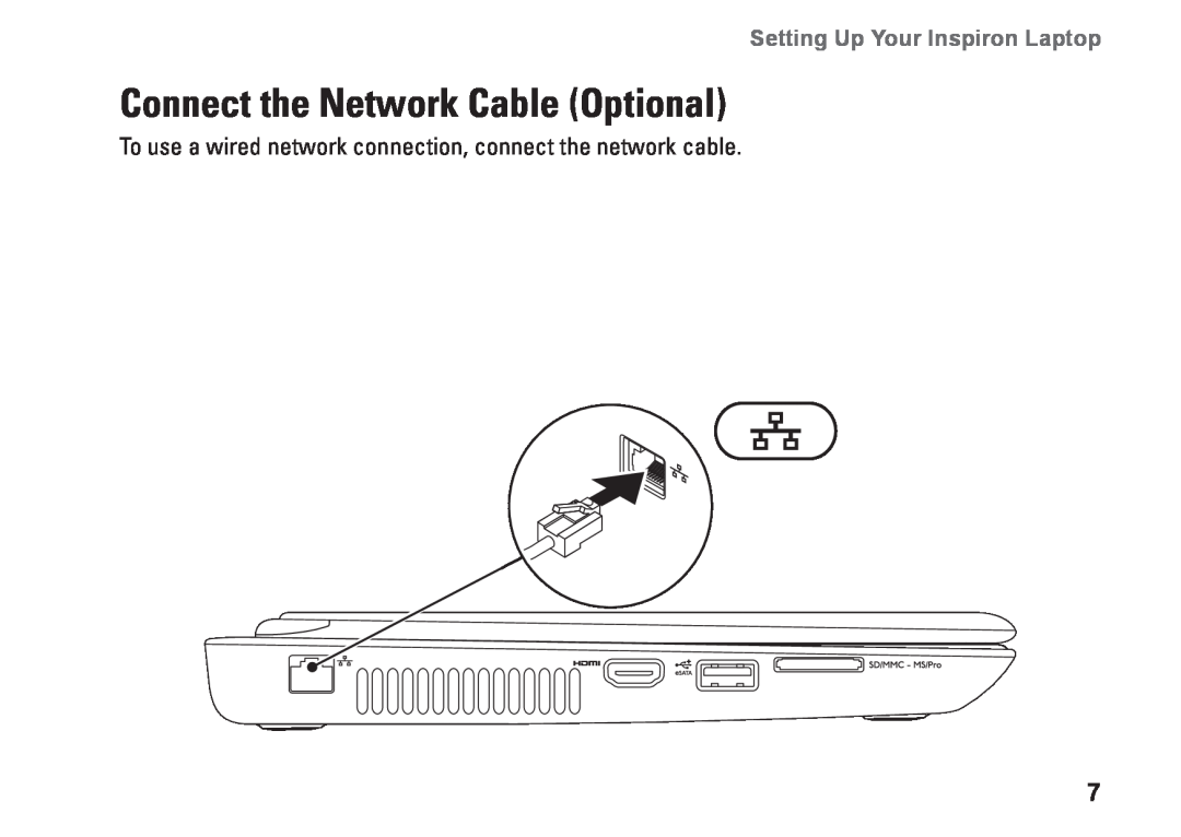 Dell 02T7WRA02, N4010, P11G001 setup guide Connect the Network Cable Optional, Setting Up Your Inspiron Laptop 