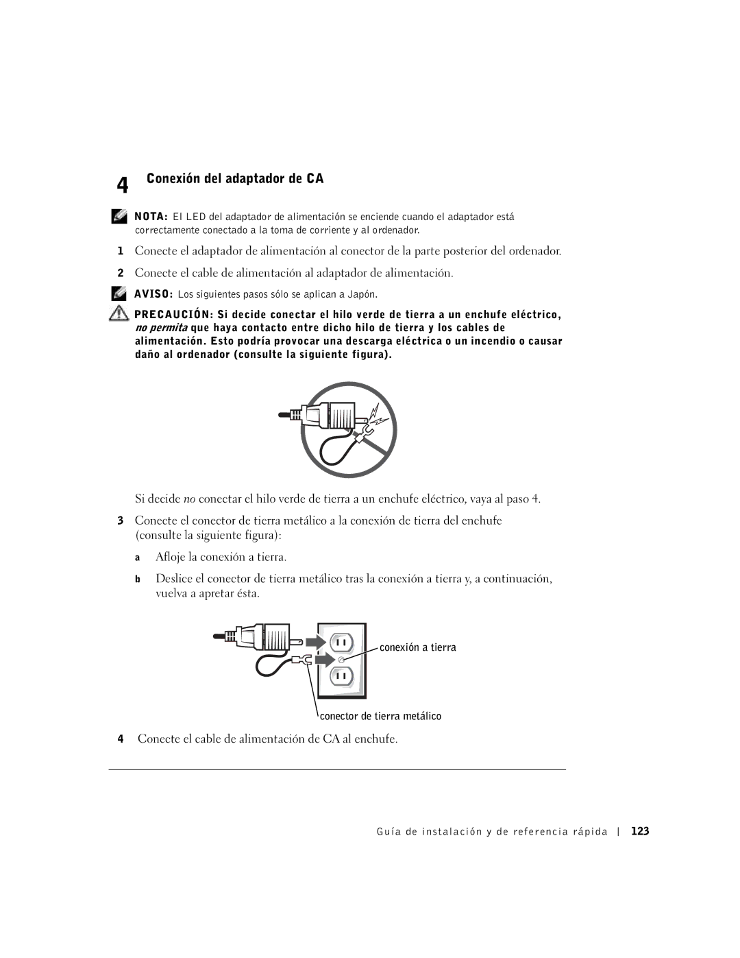 Dell DCT, 2U454 manual Conexión del adaptador de CA, Conecte el cable de alimentación de CA al enchufe 