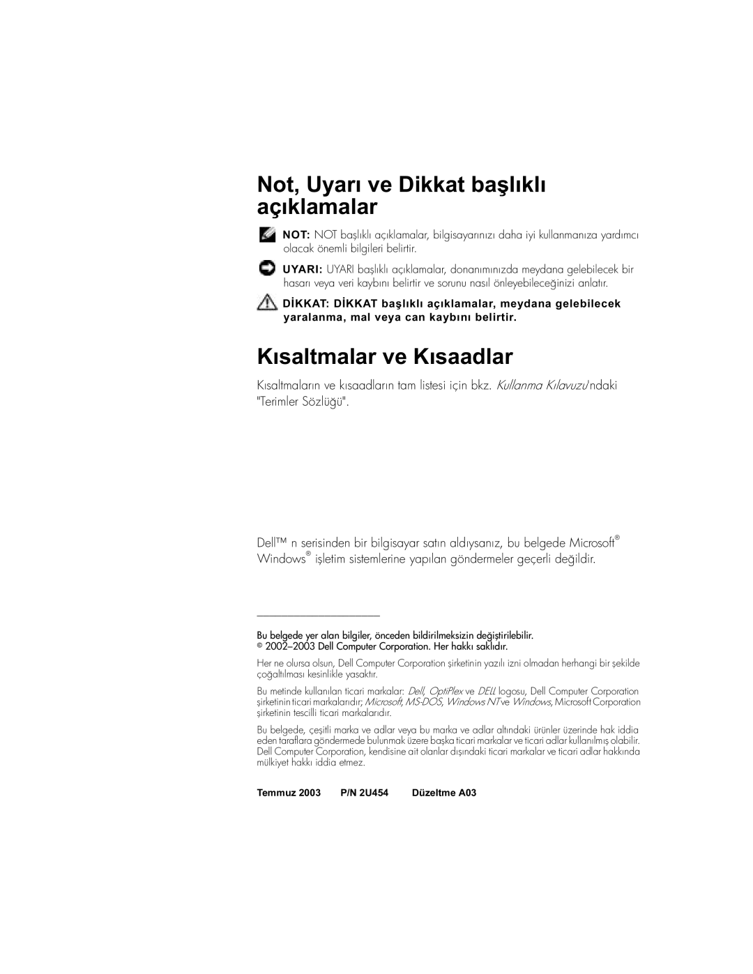 Dell 2U454, DCT manual Not, Uyarı ve Dikkat başlıklı açıklamalar, Kısaltmalar ve Kısaadlar 