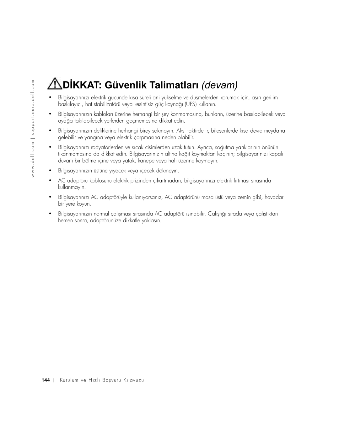 Dell 2U454, DCT manual Dİkkat Güvenlik Talimatları devam 