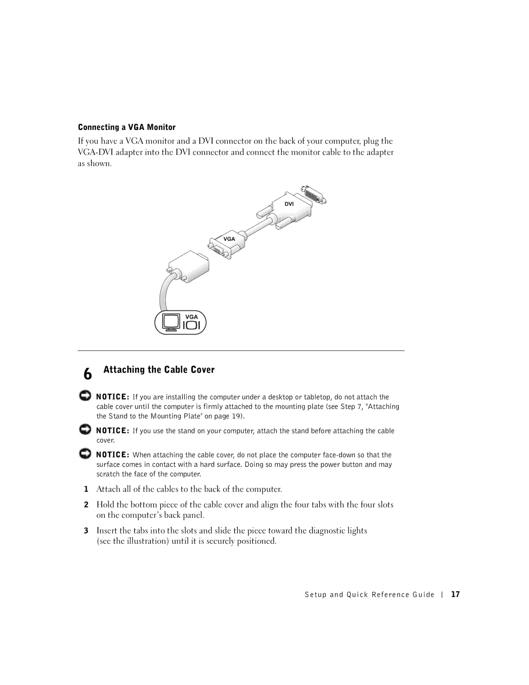 Dell DCT, 2U454 manual Attaching the Cable Cover, Connecting a VGA Monitor 