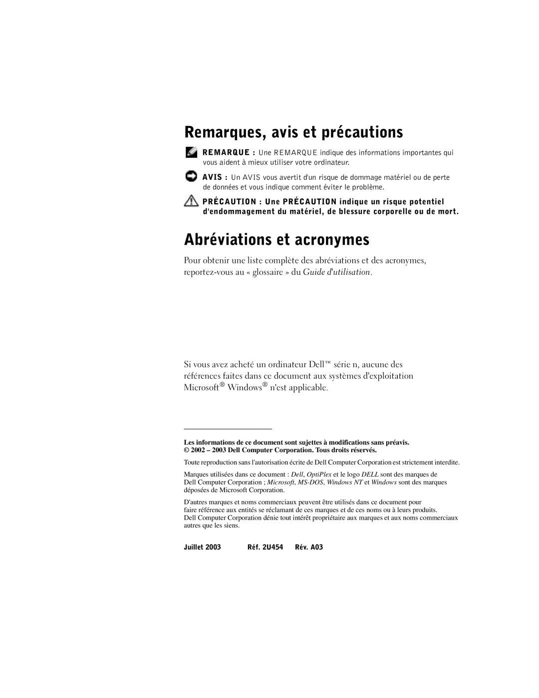 Dell 2U454, DCT manual Remarques, avis et précautions, Abréviations et acronymes 