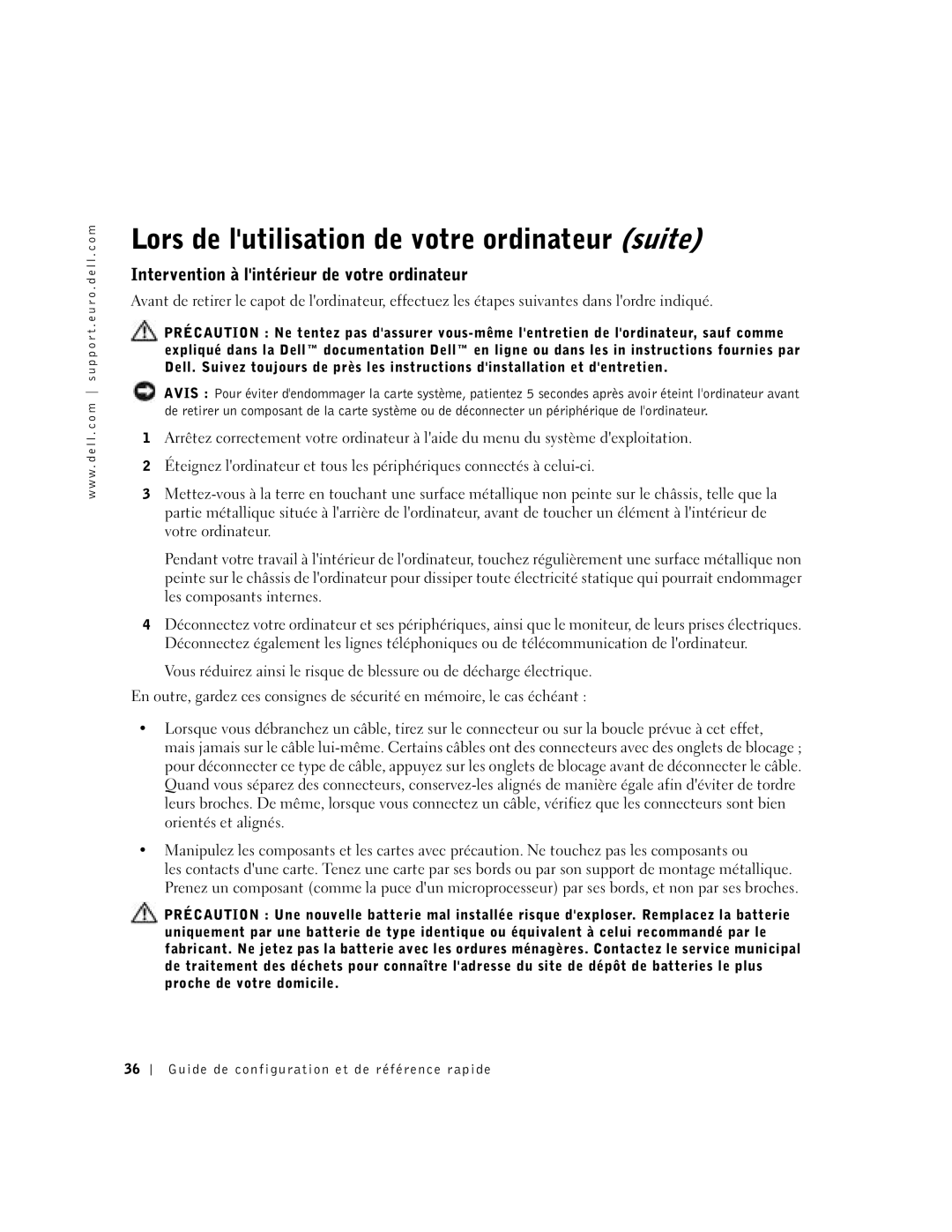 Dell 2U454, DCT manual Lors de lutilisation de votre ordinateur suite, Intervention à lintérieur de votre ordinateur 