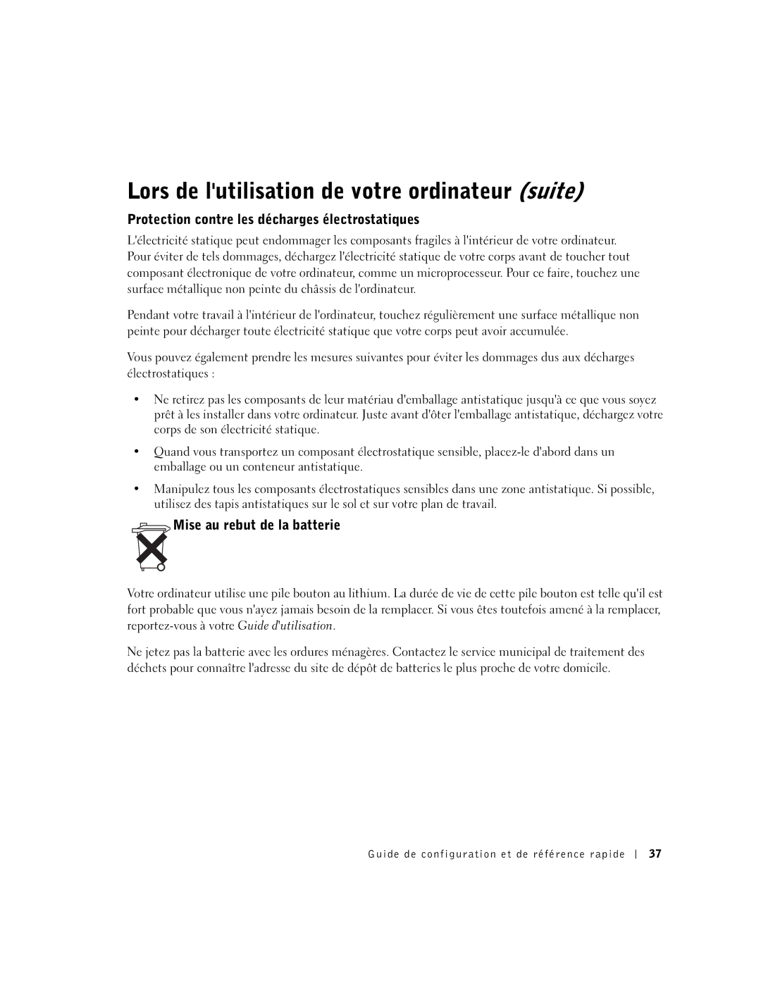 Dell DCT, 2U454 manual Protection contre les décharges électrostatiques, Mise au rebut de la batterie 