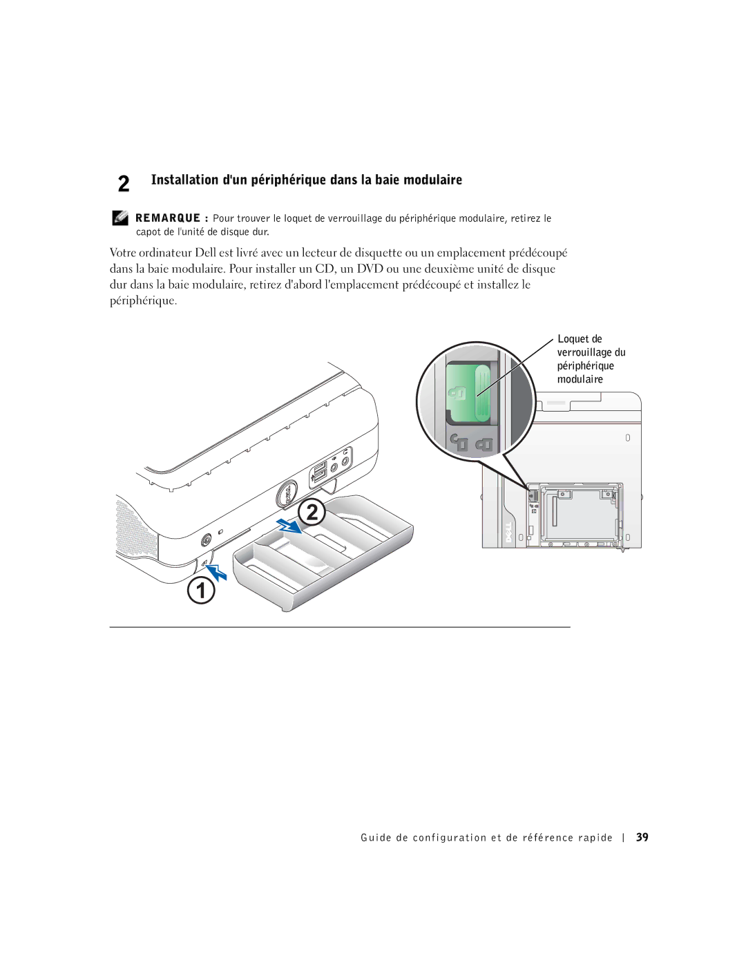 Dell DCT, 2U454 manual Installation dun périphérique dans la baie modulaire 