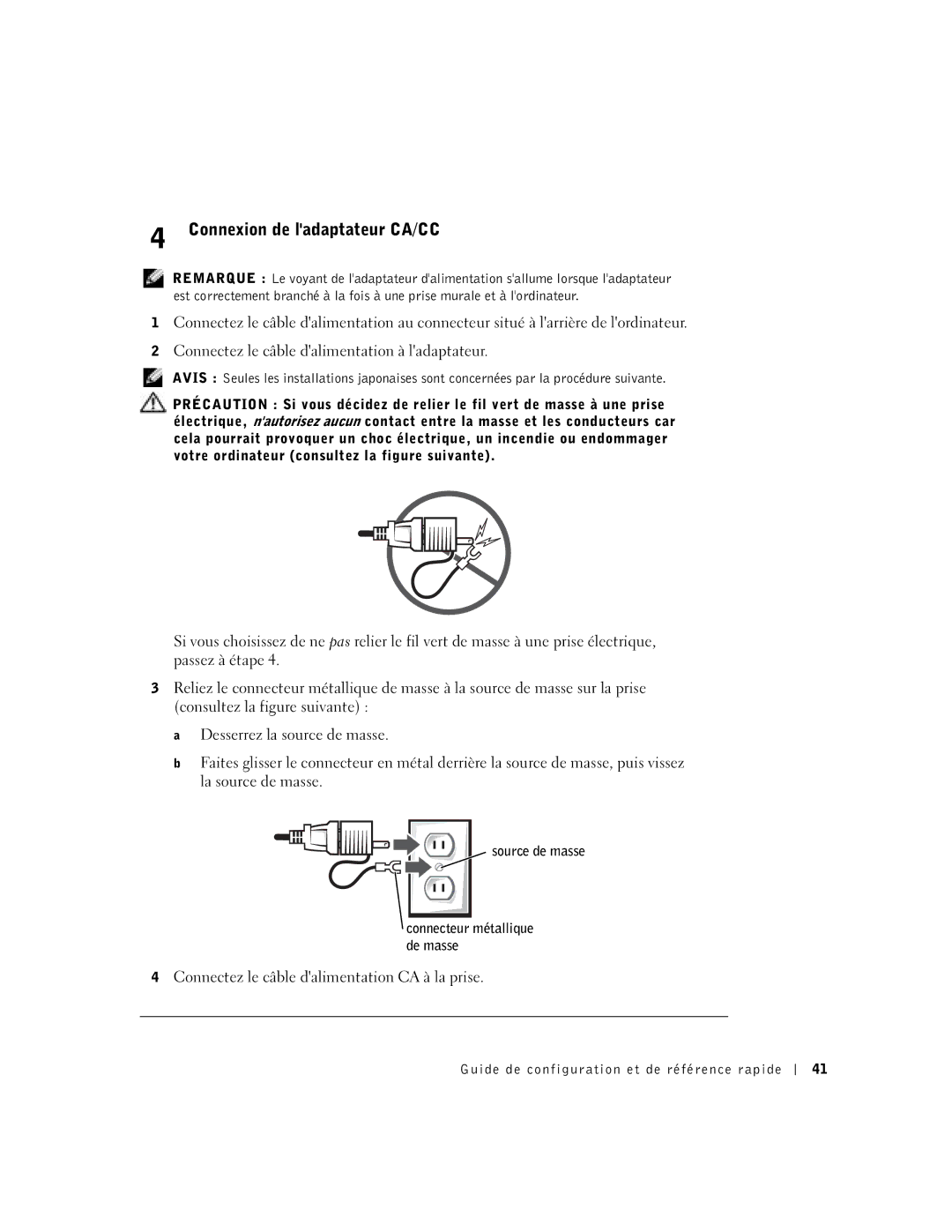 Dell DCT, 2U454 manual Connexion de ladaptateur CA/CC, Connectez le câble dalimentation CA à la prise 