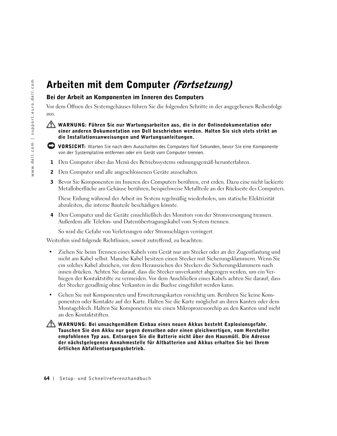 Dell 2U454, DCT manual Arbeiten mit dem Computer Fortsetzung, Bei der Arbeit an Komponenten im Inneren des Computers 