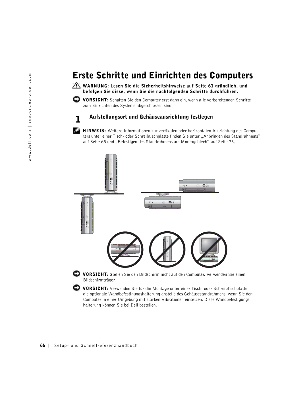 Dell 2U454, DCT manual Erste Schritte und Einrichten des Computers, Aufstellungsort und Gehäuseausrichtung festlegen 