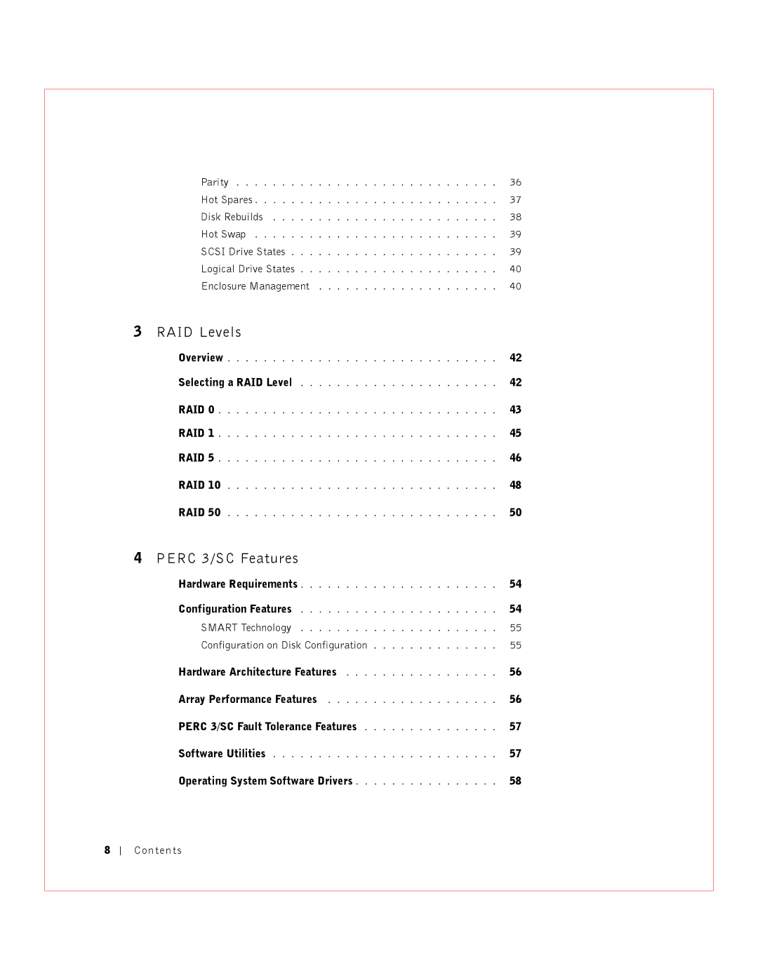 Dell manual Configuration on Disk Configuration, Perc 3/SC Fault Tolerance Features, Operating System Software Drivers 