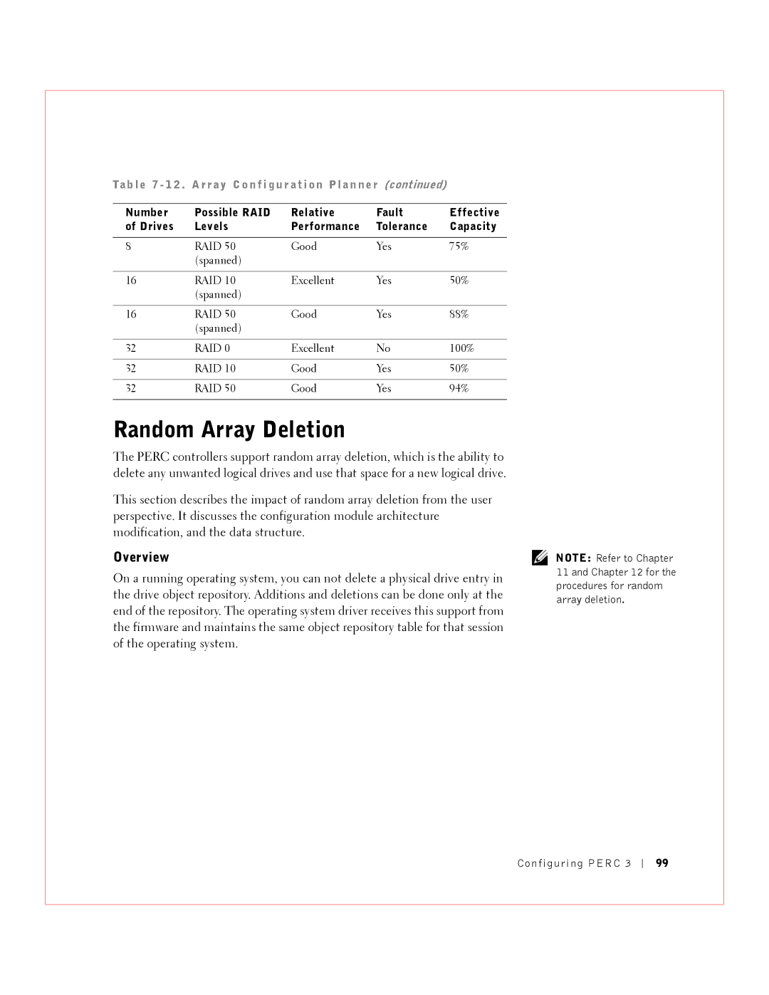 Dell 3 manual Random Array Deletion, Overview, Ta b l e 7 1 