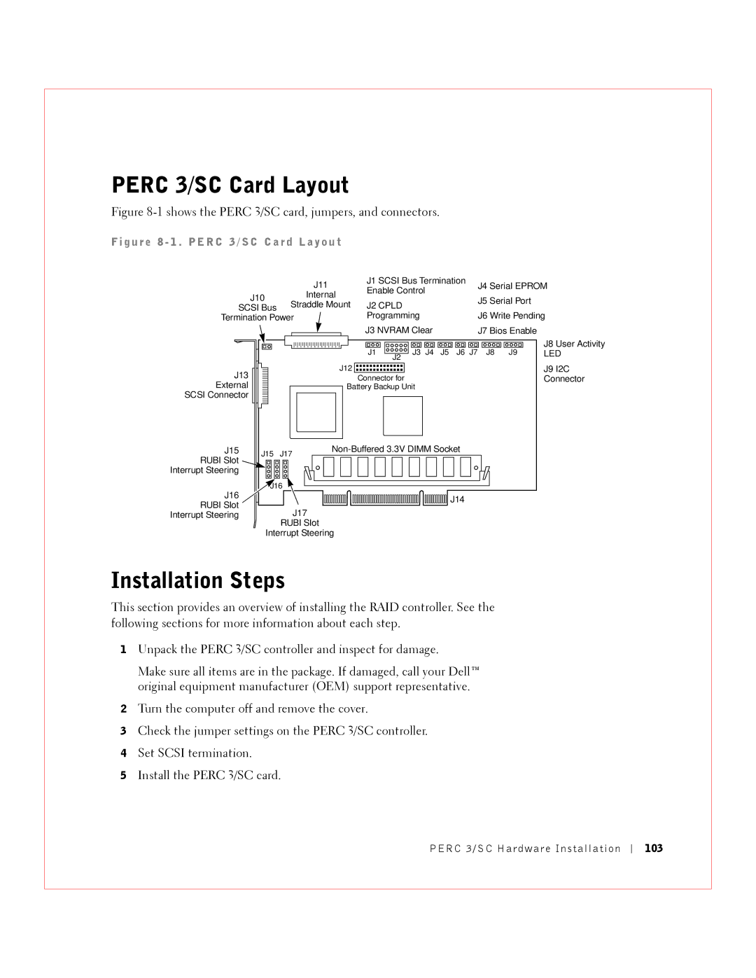 Dell manual Perc 3/SC Card Layout, Installation Steps, G u r e 8 1 . P E R C 3 / S C C a r d L a yo u t 