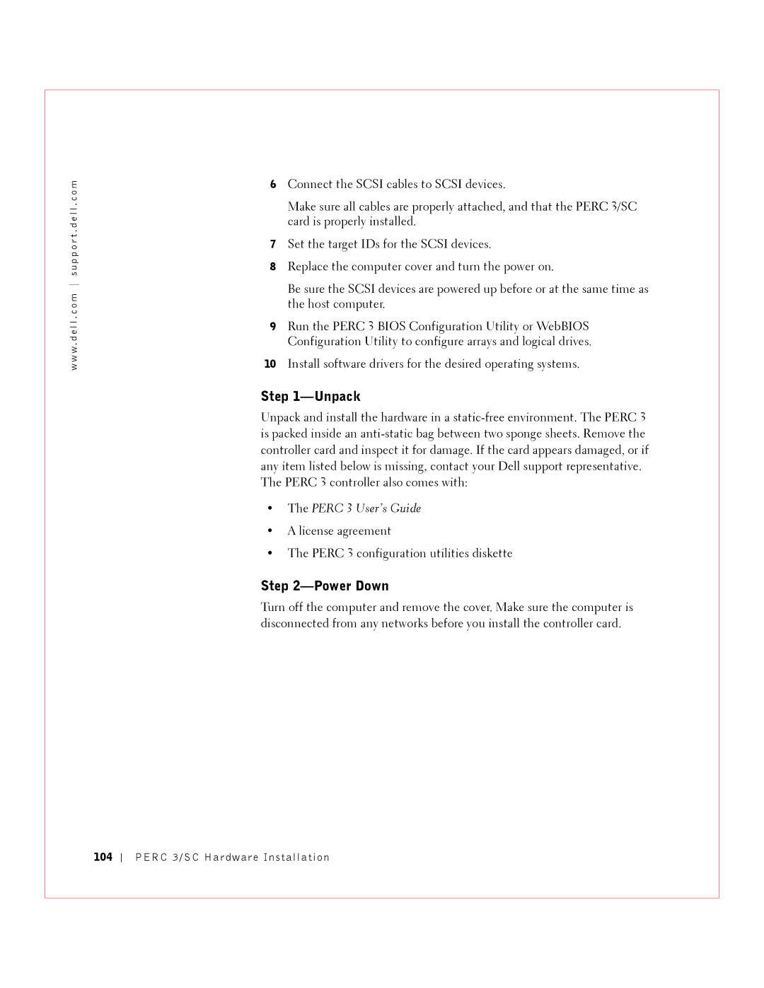 Dell manual Unpack, Power Down, License agreement Perc 3 configuration utilities diskette, 104 