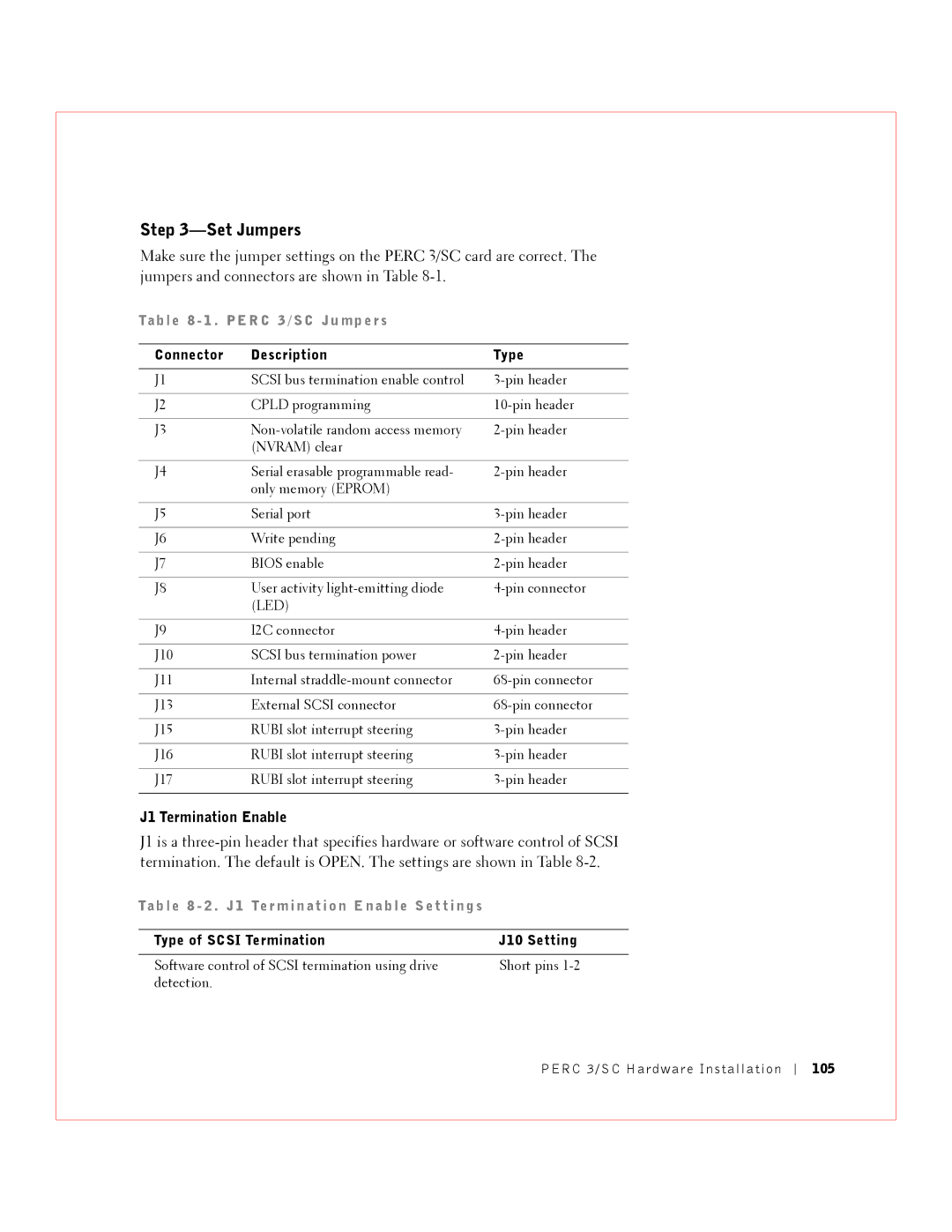 Dell manual Set Jumpers, J1 Termination Enable, Tab l e 8 1 . P E R C 3 / S C J u mp e r s 