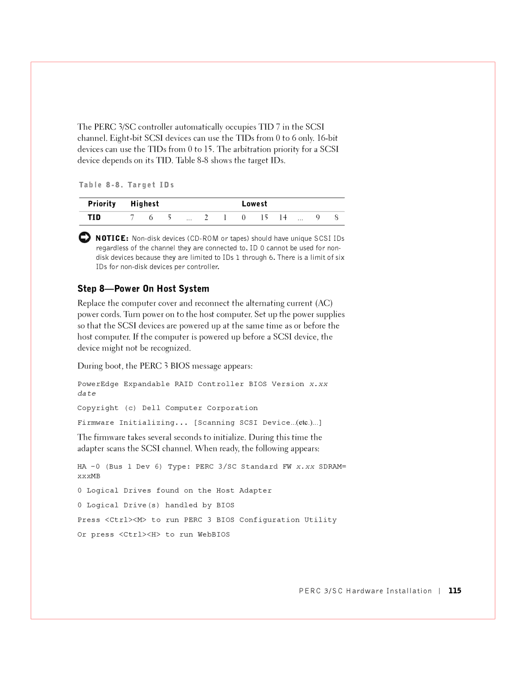 Dell 3 manual Power On Host System, Ta b l e 8 Tar g et, Priority Highest Lowest, 115 