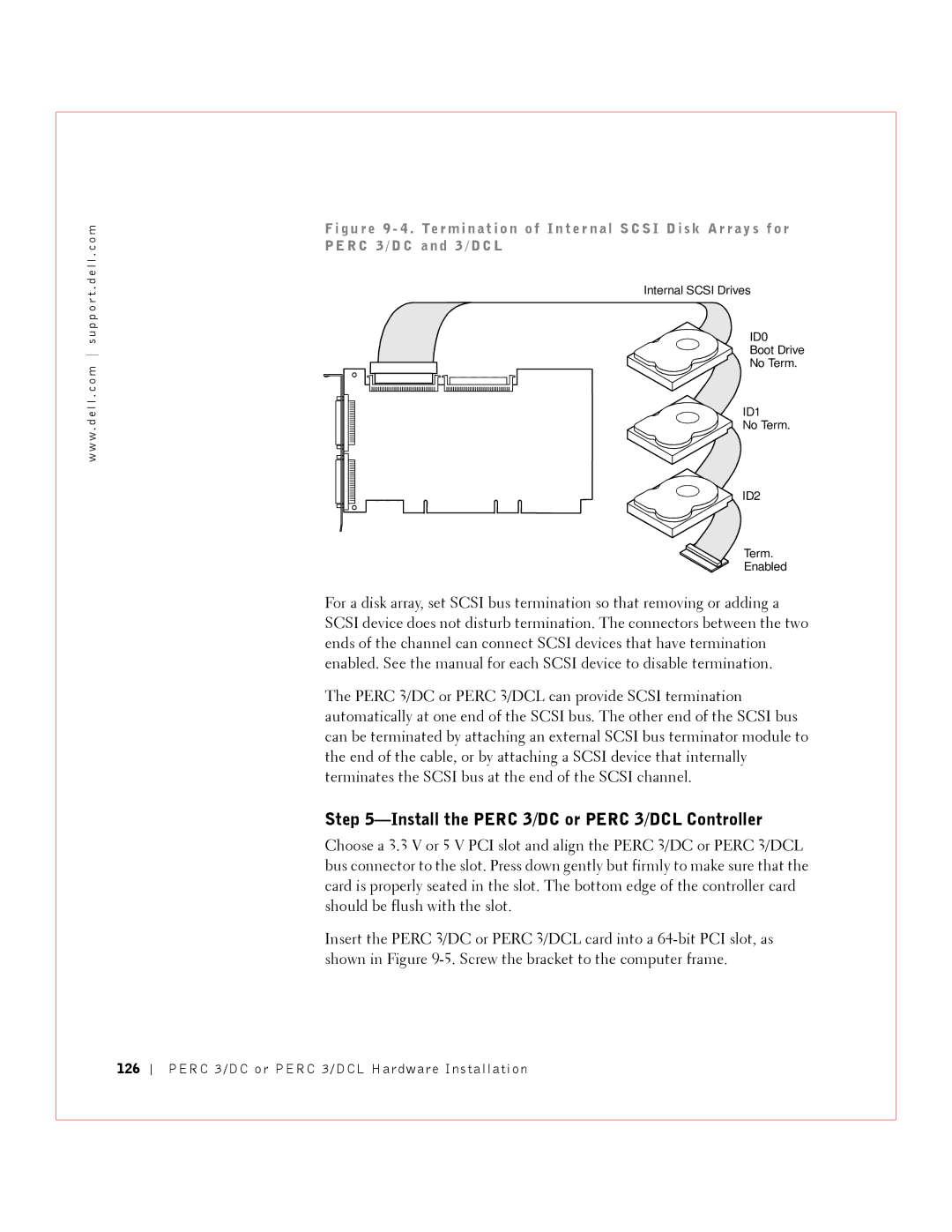 Dell manual Install the Perc 3/DC or Perc 3/DCL Controller, 126 