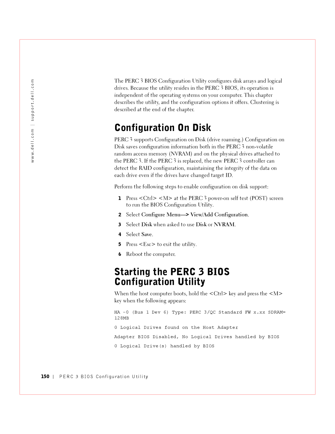 Dell manual Configuration On Disk, Starting the Perc 3 Bios Configuration Utility 