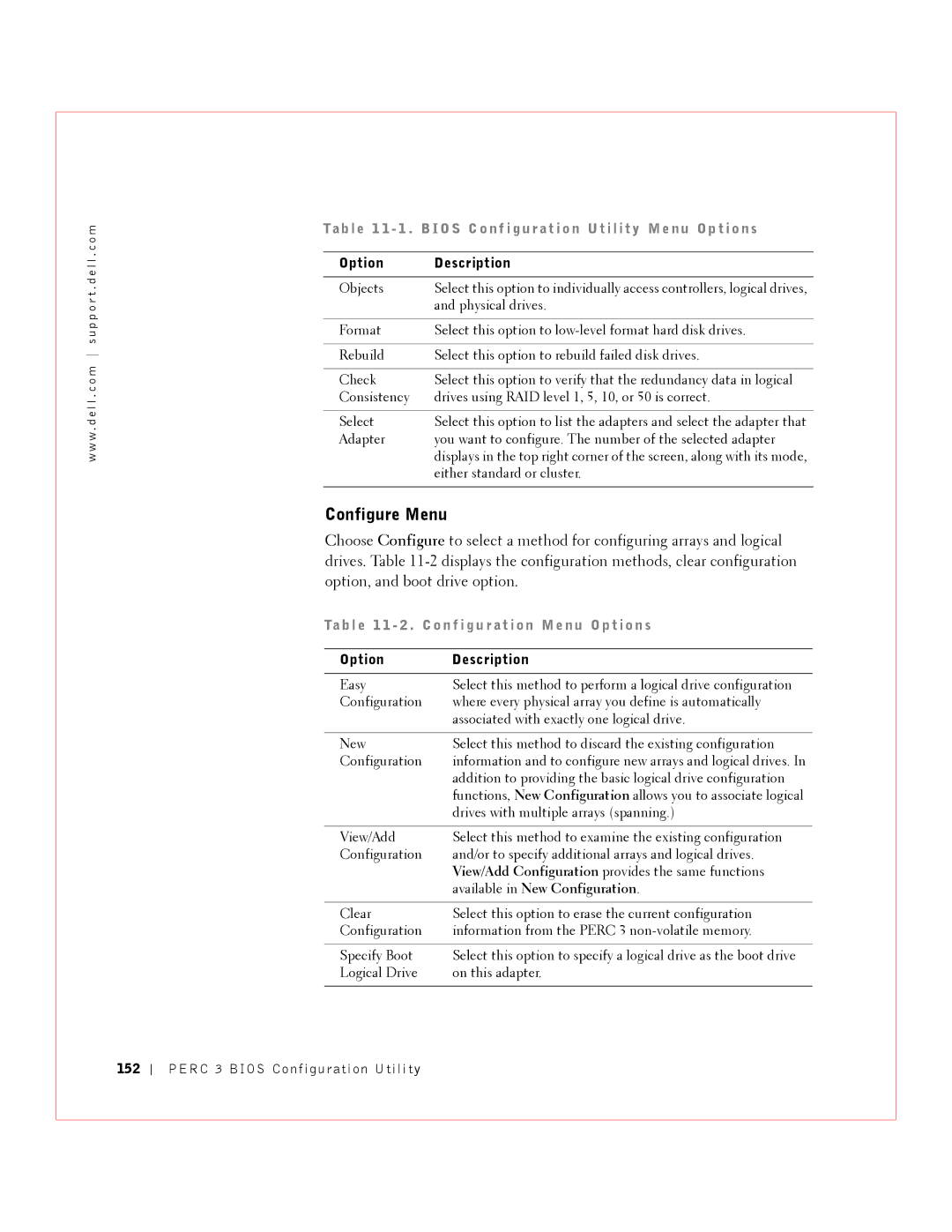 Dell 3 manual Configure Menu, 152 