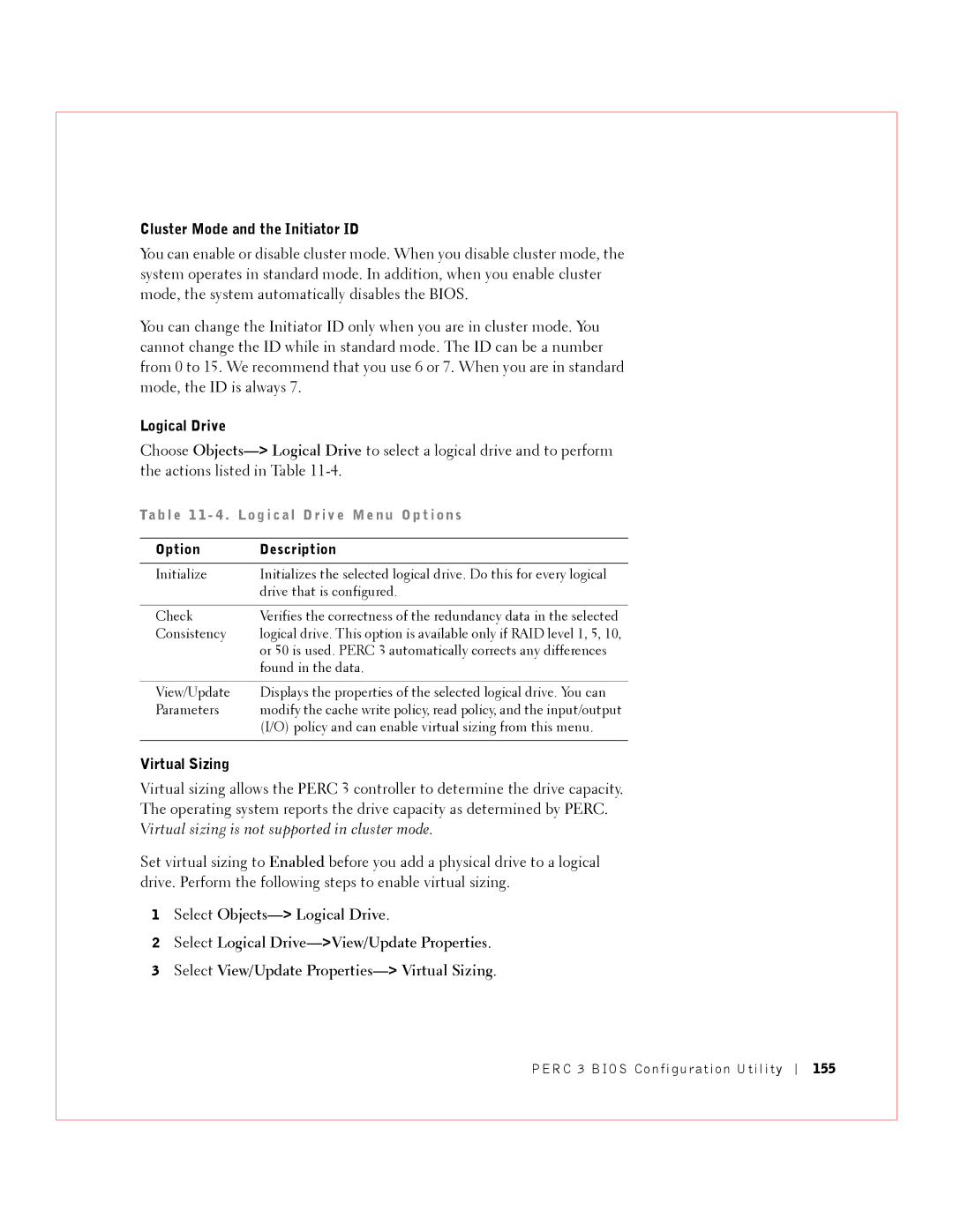 Dell 3 manual Cluster Mode and the Initiator ID, Logical Drive, Virtual Sizing, 155 