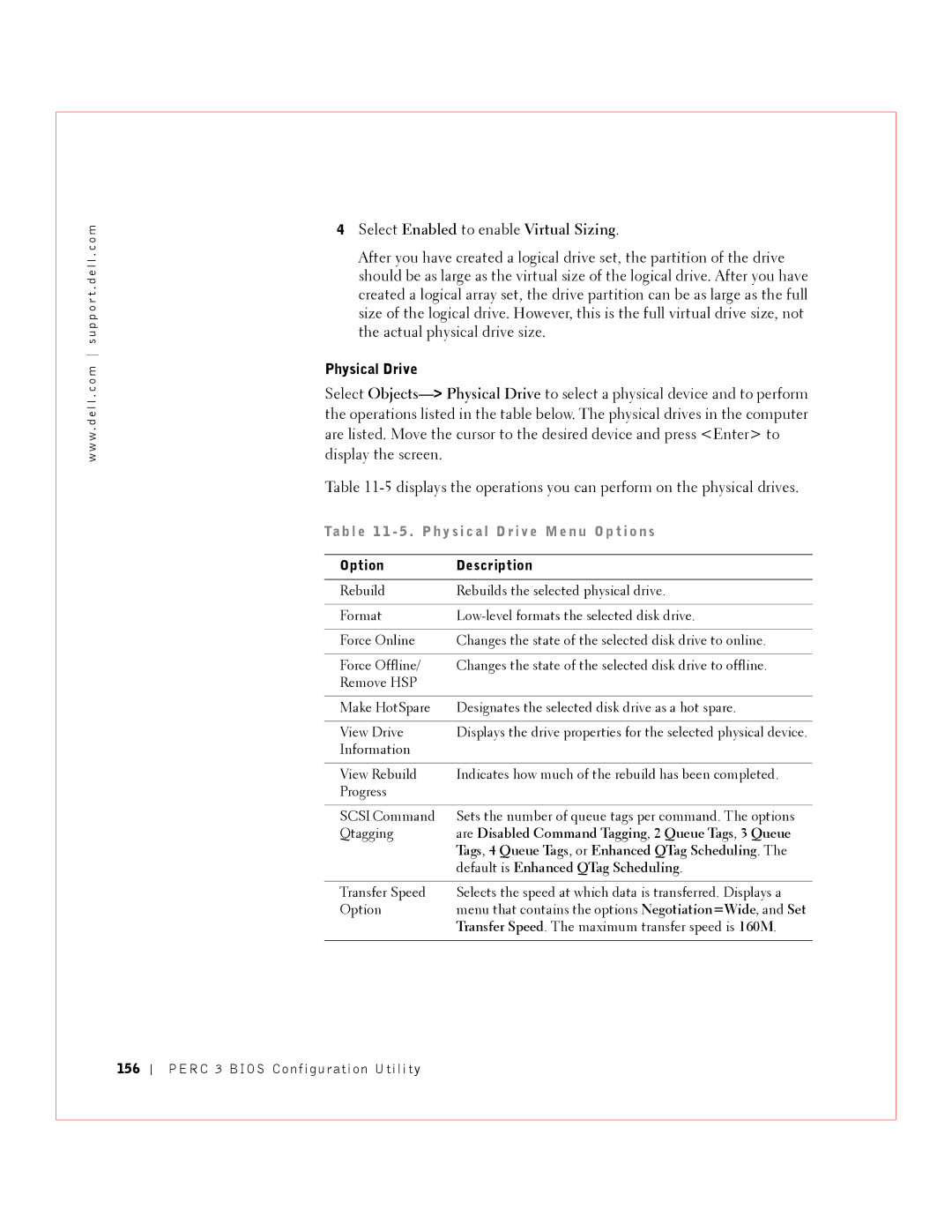 Dell 3 manual Select Enabled to enable Virtual Sizing, Physical Drive, 156 