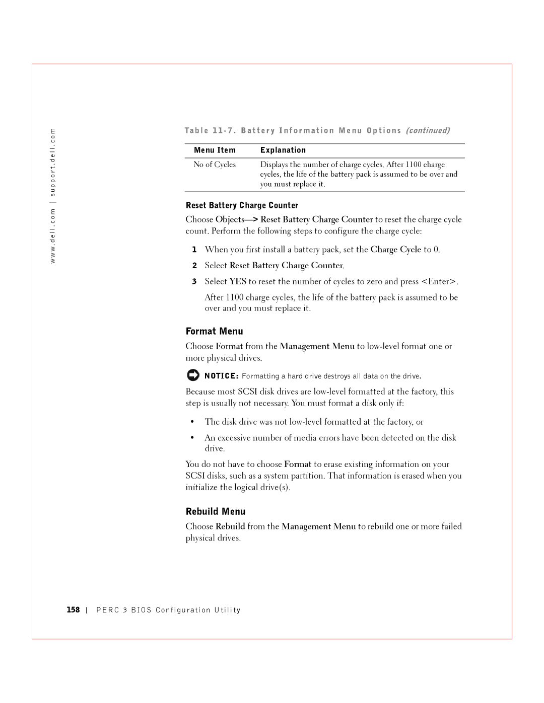 Dell 3 manual Format Menu, Rebuild Menu, Select Reset Battery Charge Counter 