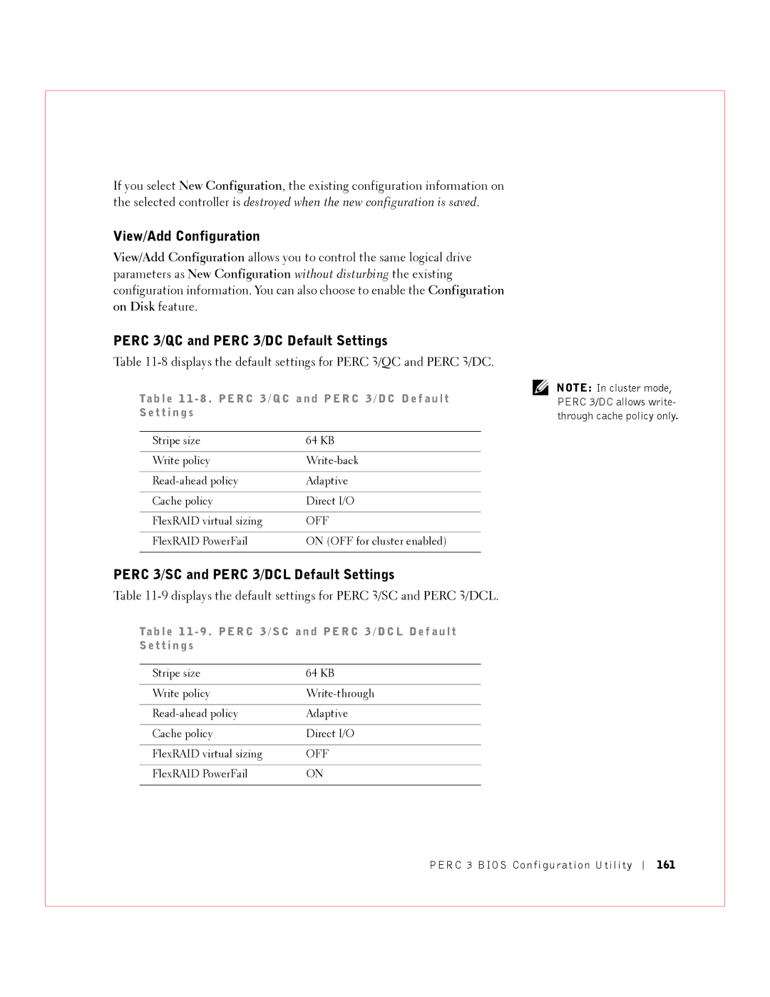 Dell manual View/Add Configuration, Perc 3/QC and Perc 3/DC Default Settings, Perc 3/SC and Perc 3/DCL Default Settings 