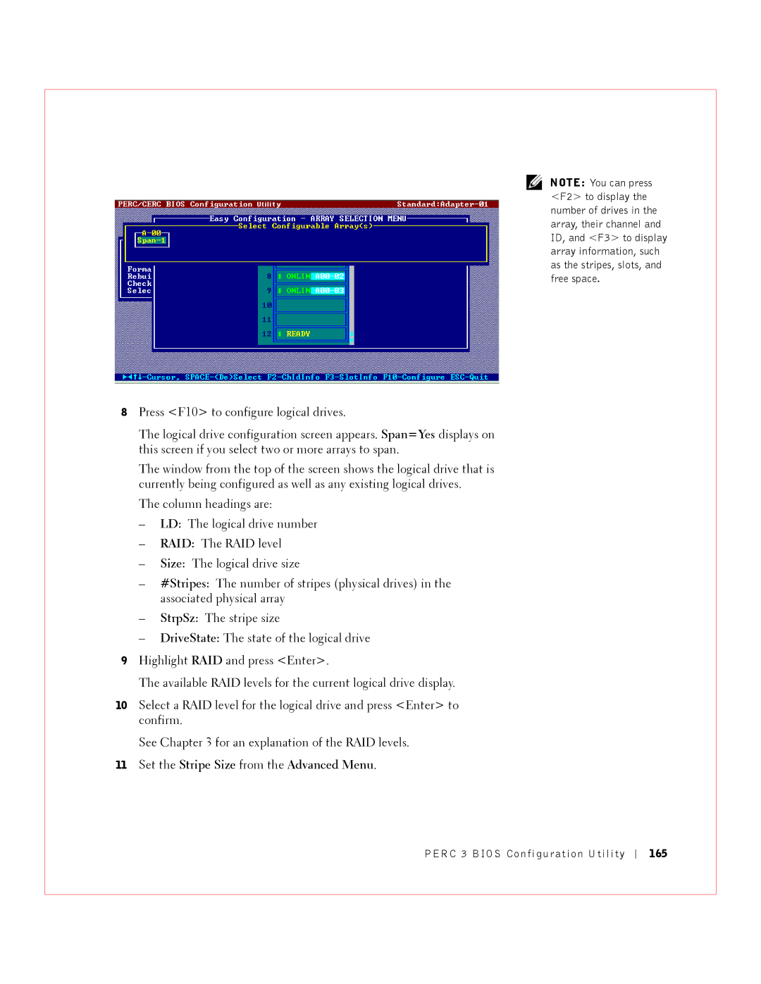 Dell 3 manual Set the Stripe Size from the Advanced Menu, 165 