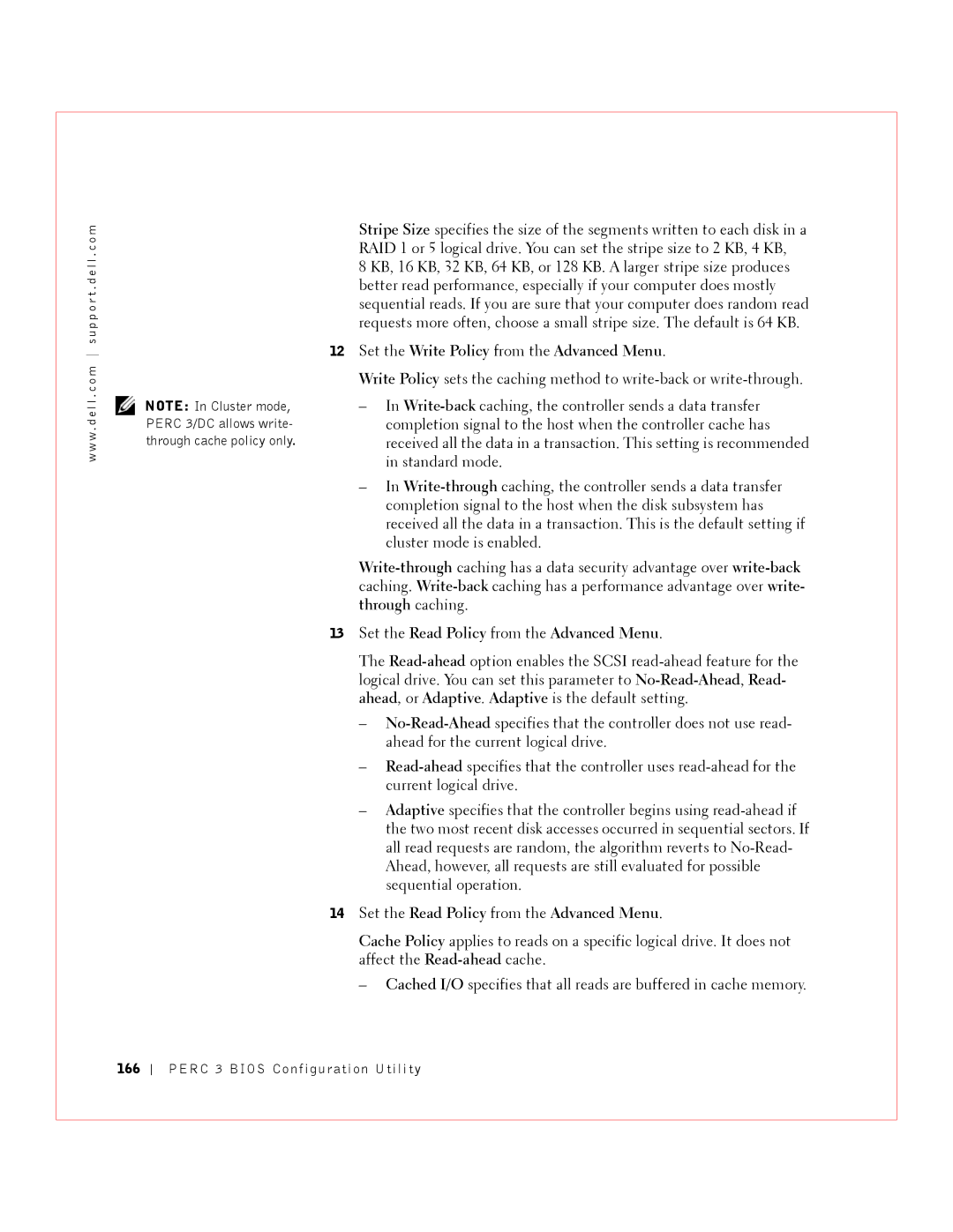 Dell 3 manual Set the Write Policy from the Advanced Menu, Set the Read Policy from the Advanced Menu, 166 