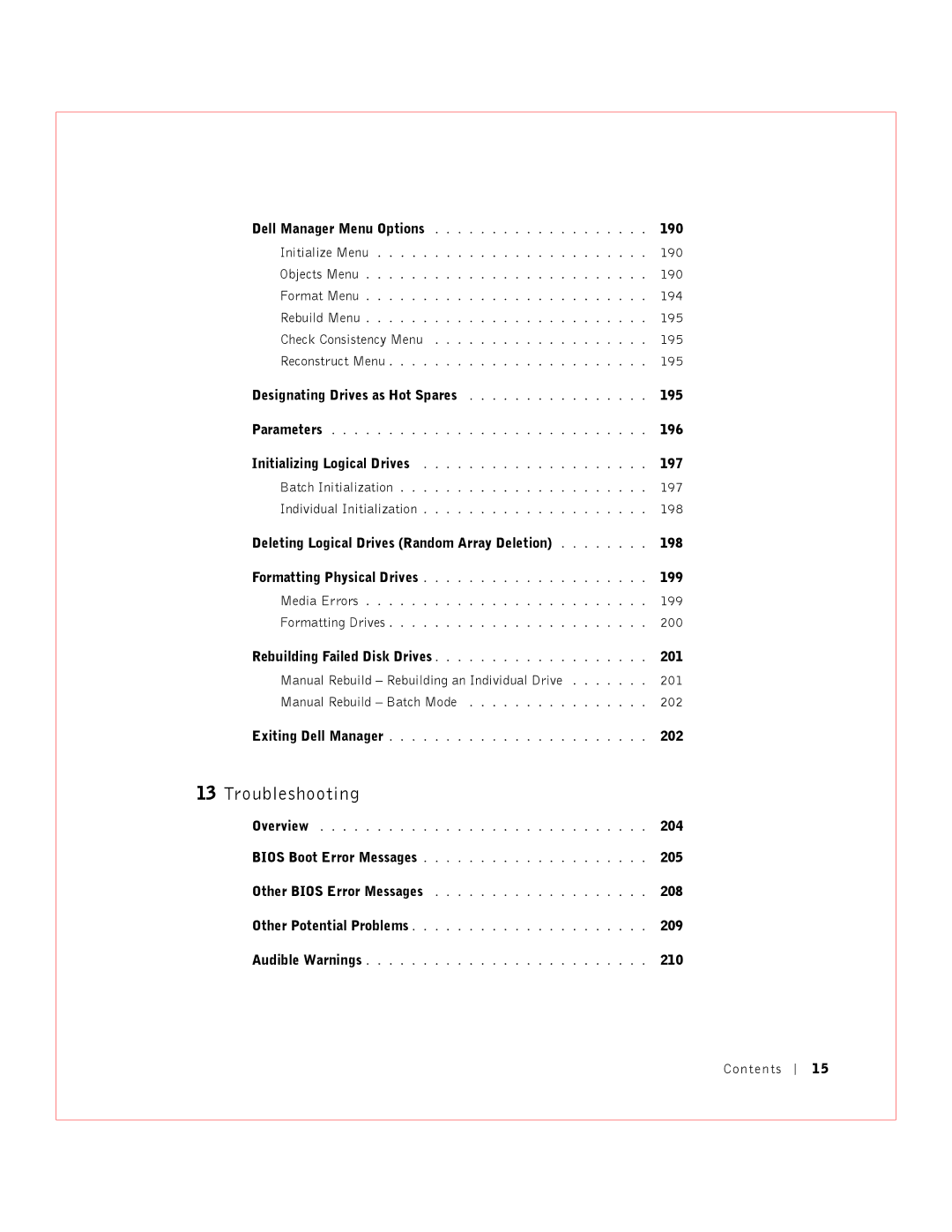 Dell 3 190, Designating Drives as Hot Spares 195, 196, 197, Deleting Logical Drives Random Array Deletion 198, 199 