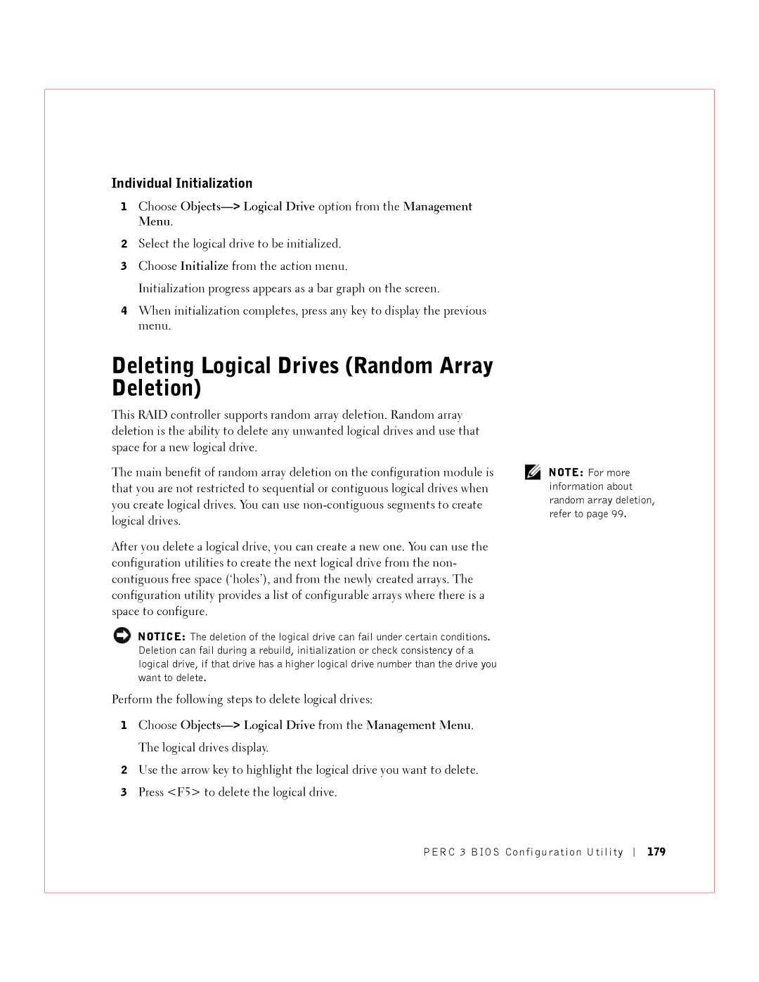 Dell 3 manual Deleting Logical Drives Random Array Deletion, Individual Initialization 