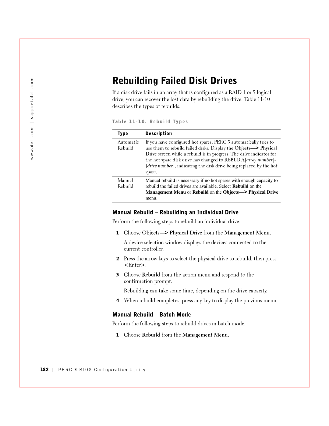 Dell 3 manual Rebuilding Failed Disk Drives, Manual Rebuild Rebuilding an Individual Drive, Manual Rebuild Batch Mode 